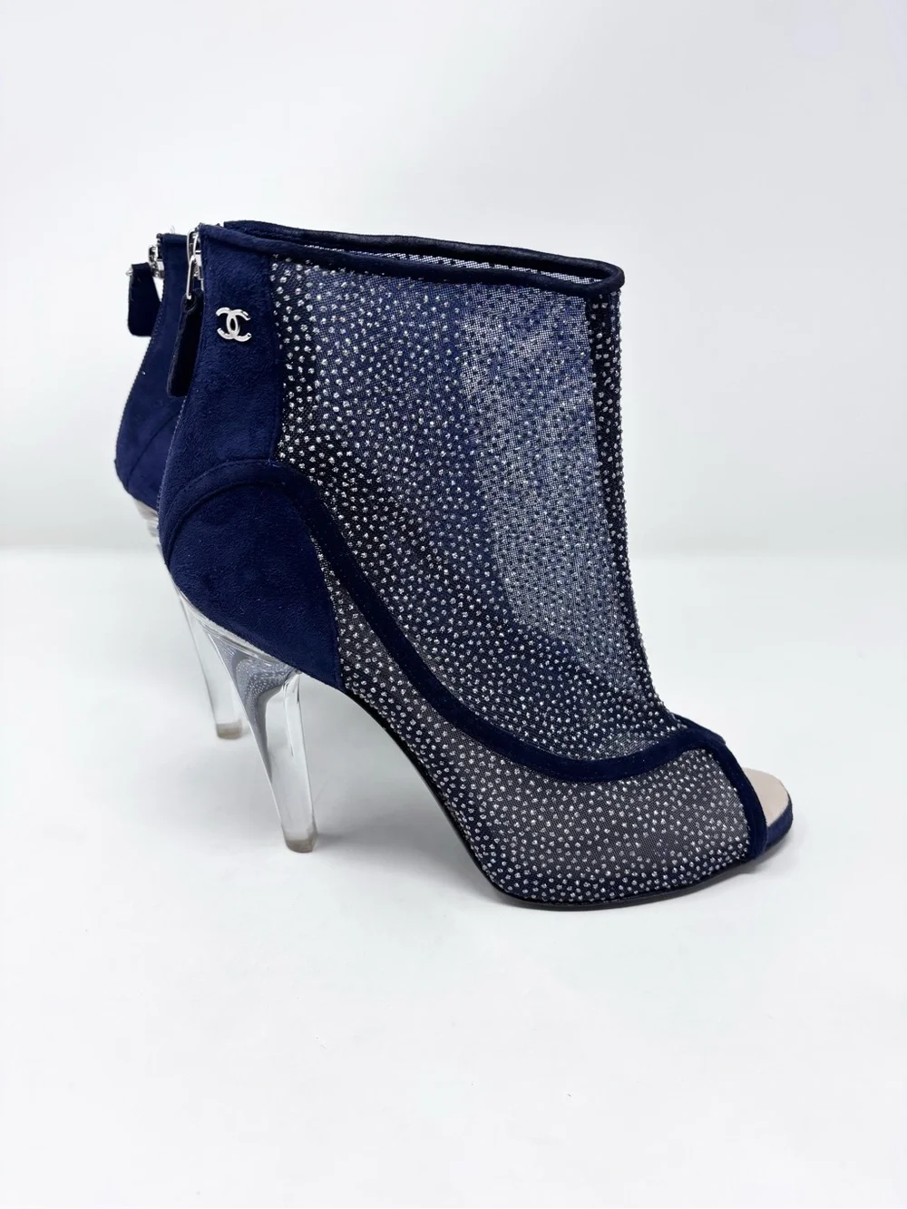 Chanel S/S 2011 Navy Blue Suede Mesh Crystal Ankle Boots Lucite Heel CC Logo 40